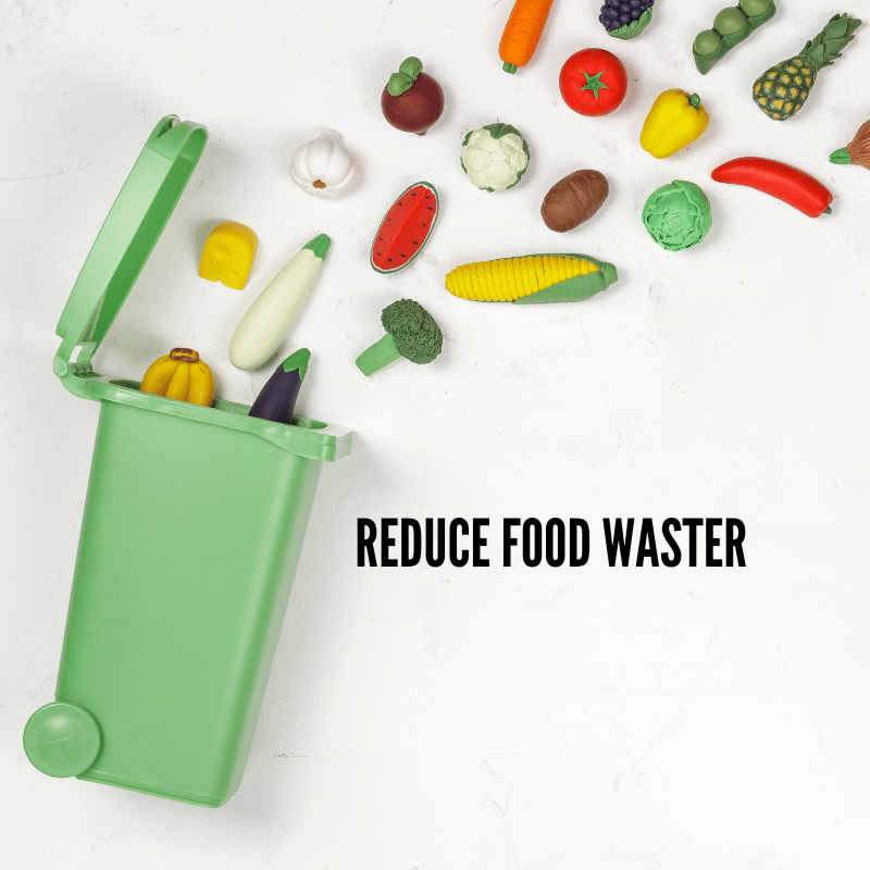 wasted food in bin and text: reduce food waste